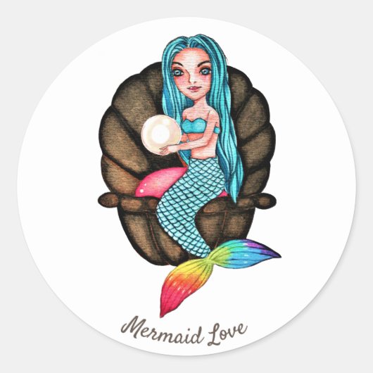 真珠の水彩入りレインボーマーメイド ラウンドシール (正面)