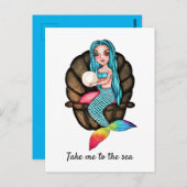 真珠の水彩画を施した人魚 ポストカード (正面/裏面)