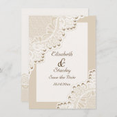 真珠の結婚式のホワイトレース日付を保存 セーブザデート (正面/裏面)