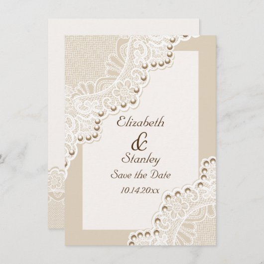 真珠の結婚式のホワイトレース日付を保存 セーブザデート (正面/裏面)