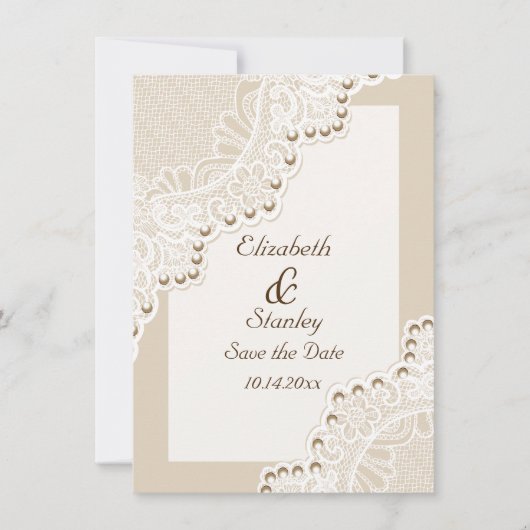 真珠の結婚式のホワイトレース日付を保存 セーブザデート (正面)