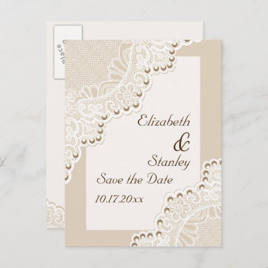 真珠の結婚式のホワイトレース日付を保存 案内ポストカード (正面/裏面)