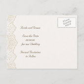 真珠の結婚式のホワイトレース日付を保存 案内ポストカード (裏面)