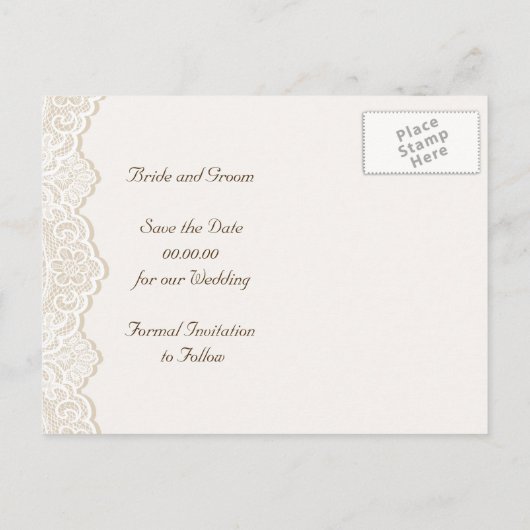 真珠の結婚式のホワイトレース日付を保存 案内ポストカード (裏面)