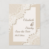 真珠の結婚式のホワイトレース日付を保存 案内ポストカード (正面)