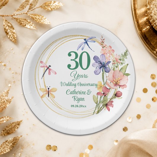 真珠の結婚式30周年記念 ゴールドフレームと花 ペーパープレート