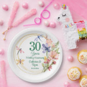 真珠の結婚式30周年記念 ゴールドフレームと花 ペーパープレート (パーティー)