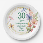 真珠の結婚式30周年記念 ゴールドフレームと花 ペーパープレート (正面)