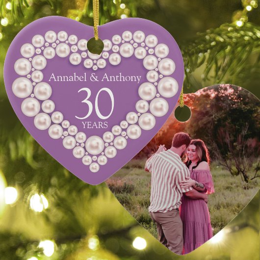 真珠の結婚記念日 30周年 ハート 紫 セラミックオーナメント