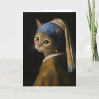 真珠の耳飾りのかわいい女の子猫のキャラクターアート カード