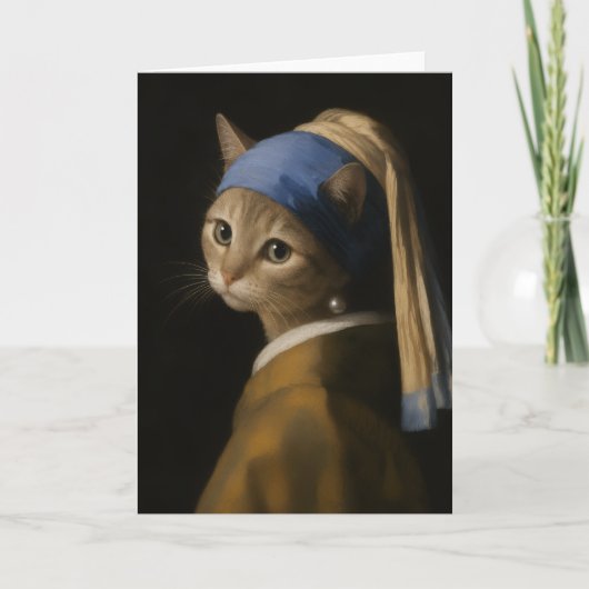 真珠の耳飾りのかわいい女の子猫のキャラクターアート カード (正面)