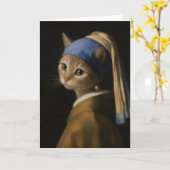 真珠の耳飾りのかわいい女の子猫のキャラクターアート カード (黄色い花)