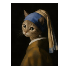 真珠の耳飾りのかわいい女の子猫アート ポスター