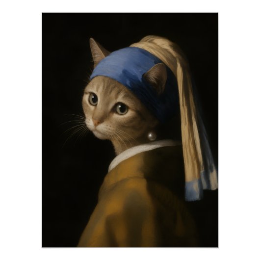 真珠の耳飾りのかわいい女の子猫アート ポスター (正面)