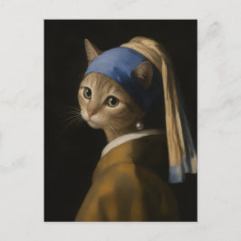 真珠の耳飾りの可愛い女の子猫の芸術 ポストカード