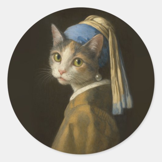真珠の耳飾りの少女猫 ラウンドシール (正面)