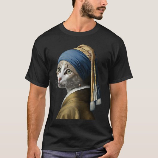 真珠の耳飾りの少女 猫 1 Tシャツ (正面)