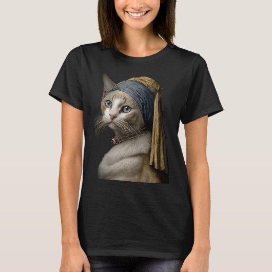 真珠の耳飾りの少女 猫 Tシャツ (正面)