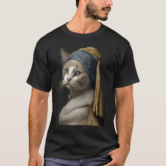 真珠の耳飾りの少女 猫 Tシャツ (正面)