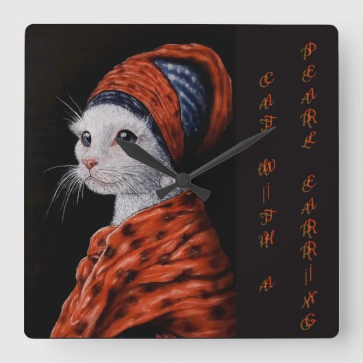 真珠の耳飾りの猫 スクエア壁時計 (正面)