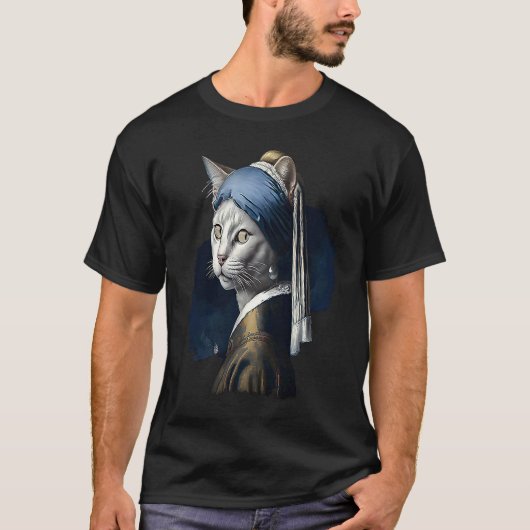 真珠の耳飾りの猫 ヴェルメール 絵画 アーティスト Tシャツ (正面)