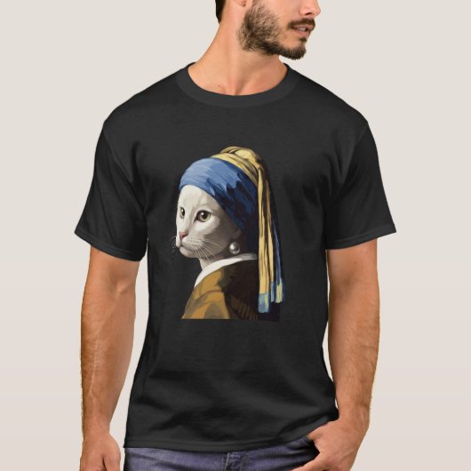 真珠の耳飾りの猫Tシャツ 面白いフェルメール Tシャツ (正面)