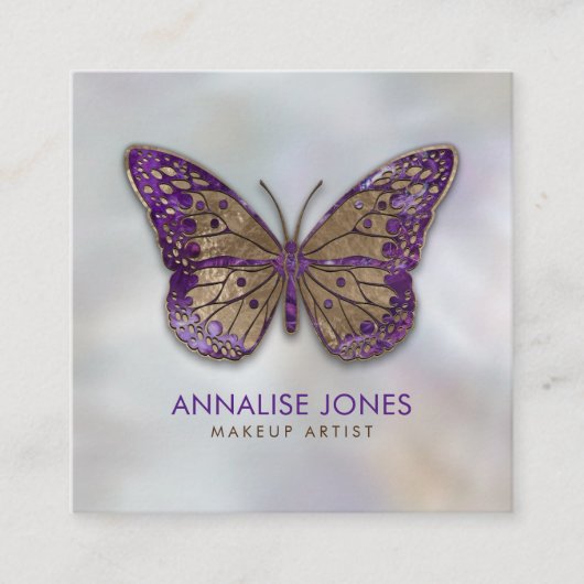 真珠の贅沢な金ゴールドそして紫色の蝶 スクエア名刺 (正面)