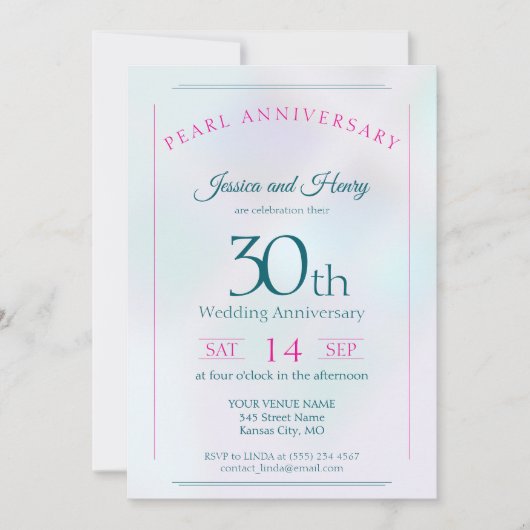 真珠の輝き 30周年記念の結婚記念日 招待状 (正面)