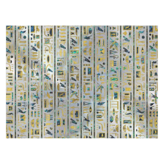 真珠の金ゴールドおよびアワビのエジプトのヒエログリフ テーブルクロス (正面(横))