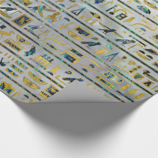 真珠の金ゴールドおよびアワビのエジプトのヒエログリフ ラッピングペーパー (角)