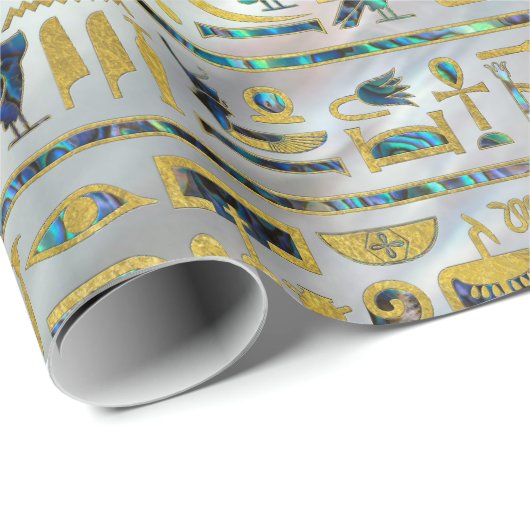 真珠の金ゴールドおよびアワビのエジプトのヒエログリフ ラッピングペーパー (ロールコーナー)