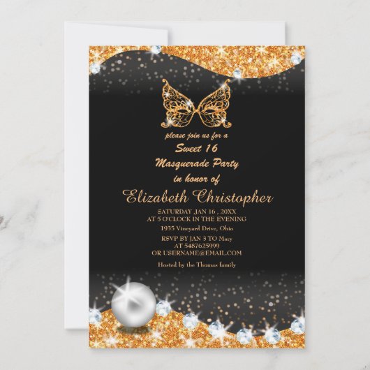真珠のinviと黒と金ゴールドの仮装の甘い16 招待状 (裏面)