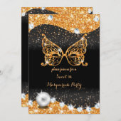 真珠のinviと黒と金ゴールドの仮装の甘い16 招待状 (正面/裏面)