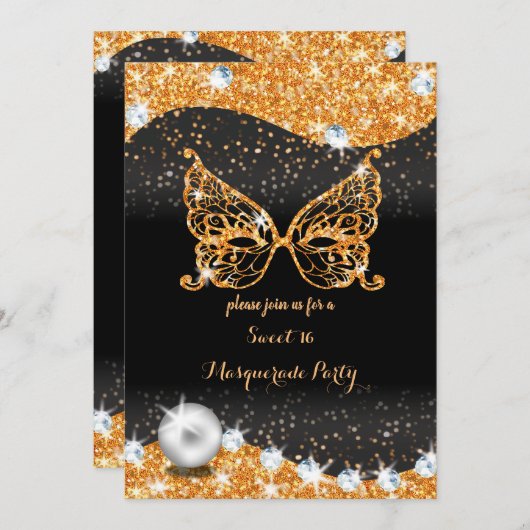 真珠のinviと黒と金ゴールドの仮装の甘い16 招待状 (正面/裏面)