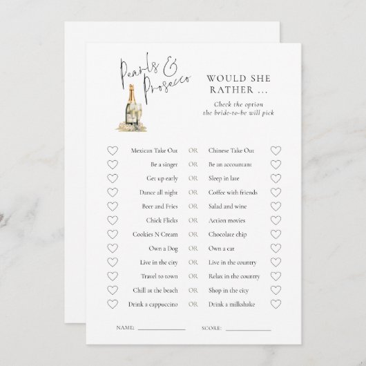 真珠は彼女はむしろブライダルシャワーのゲームカード 招待状 (正面/裏面)