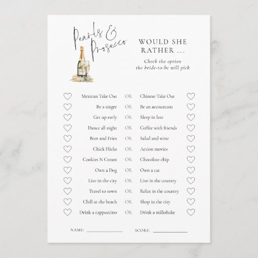 真珠は彼女はむしろブライダルシャワーのゲームカード 招待状 (正面)