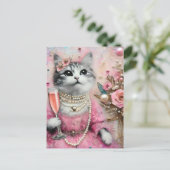 真珠を使ったピンクのドレスを着た愛らしい猫 ポストカード (スタンド正面)