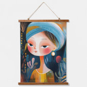 真珠を持つナイーブ抽象芸術の女の子：モダン Art Twist 吊り下げ型タペストリー (正面)