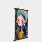 真珠を持つナイーブ抽象芸術の女の子：モダン Art Twist 吊り下げ型タペストリー (傾斜あり)