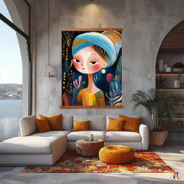 真珠を持つナイーブ抽象芸術の女の子：モダン Art Twist 吊り下げ型タペストリー