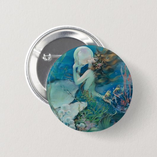 真珠を握っているヴィンテージの人魚 缶バッジ (正面&裏面)