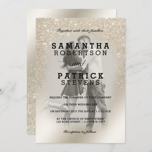 真珠アイボリーグリッターグラデーション金属写真結婚ズ 招待状 (正面/裏面)