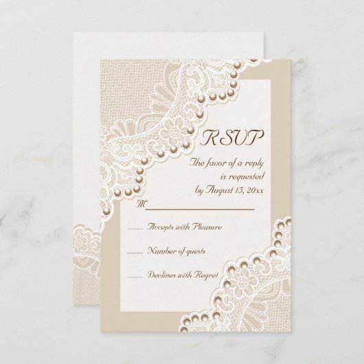 真珠エレガントの結婚式RSVP返信とホワイトレース 出欠カード (正面/裏面)
