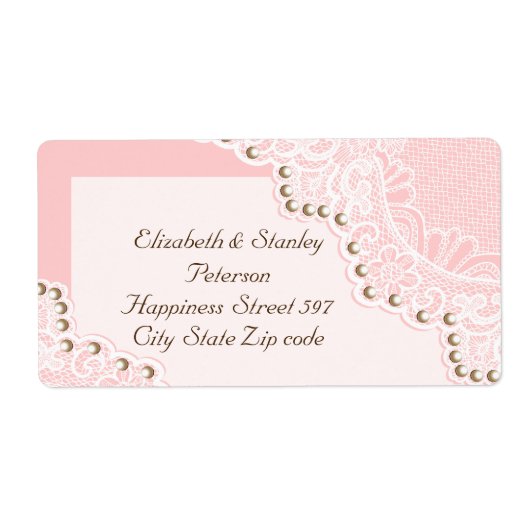 真珠エレガントピンクのラベルを付け結婚た白いレース ラベル (正面)
