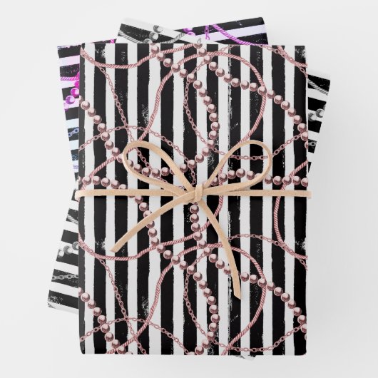 真珠ストライプと鎖のヴィンテージ ラッピングペーパーシート (インサイチュ)