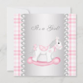 真珠ピンクのギンガムロッキングホース赤ちゃん女の子シャワー 招待状 (正面)