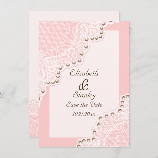 真珠ピンクの結婚式のホワイトレース日付を保存 セーブザデート (正面/裏面)