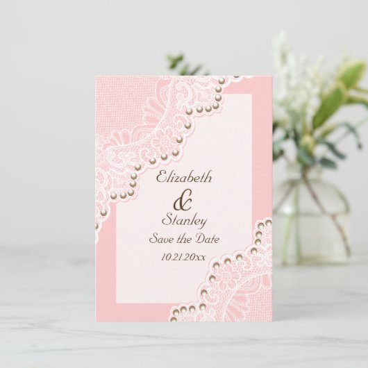 真珠ピンクの結婚式のホワイトレース日付を保存 セーブザデート (スタンド正面)