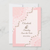 真珠ピンクの結婚式のホワイトレース日付を保存 セーブザデート (正面)