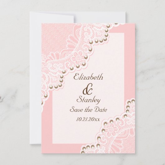 真珠ピンクの結婚式のホワイトレース日付を保存 セーブザデート (正面)